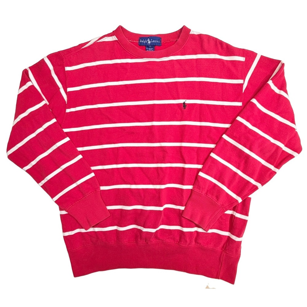 Y2K Polo Ralph Lauren Men's M Red White Striped Sweatshirt Pony Preppy